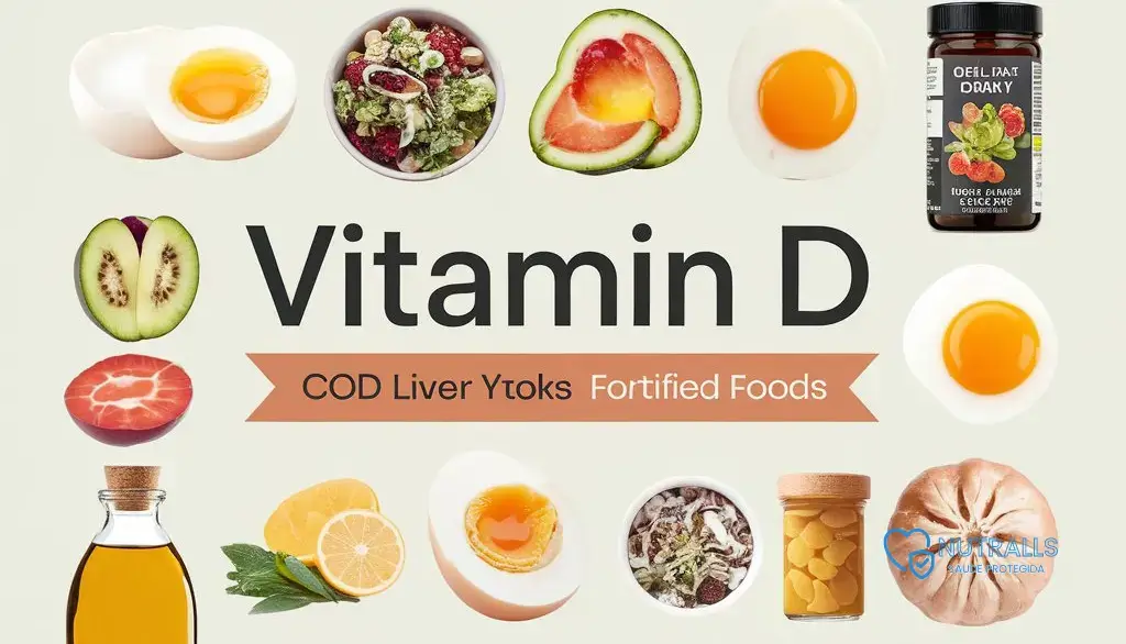 imagem com várias frutas e legumes que fornecem vitamina D